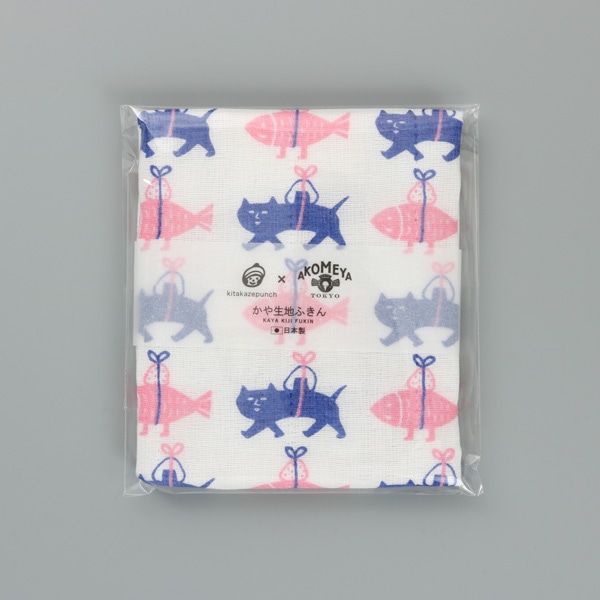 かや生地ふきん キタカゼパンチ×AKOMEYA TOKYO 魚と猫 ピンク