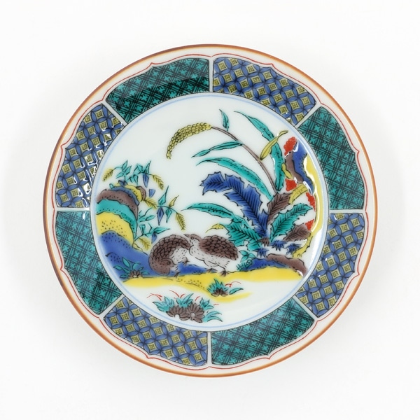 九谷焼 豆皿名品 古九谷色絵鶉草花図